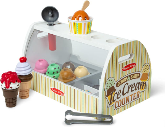 Wooden Scoop and Serve Ice Cream Counter with Play Food and Accessories (28 Pcs) Pretend Food, Ice Cream Toys, for Kids Ages 3+