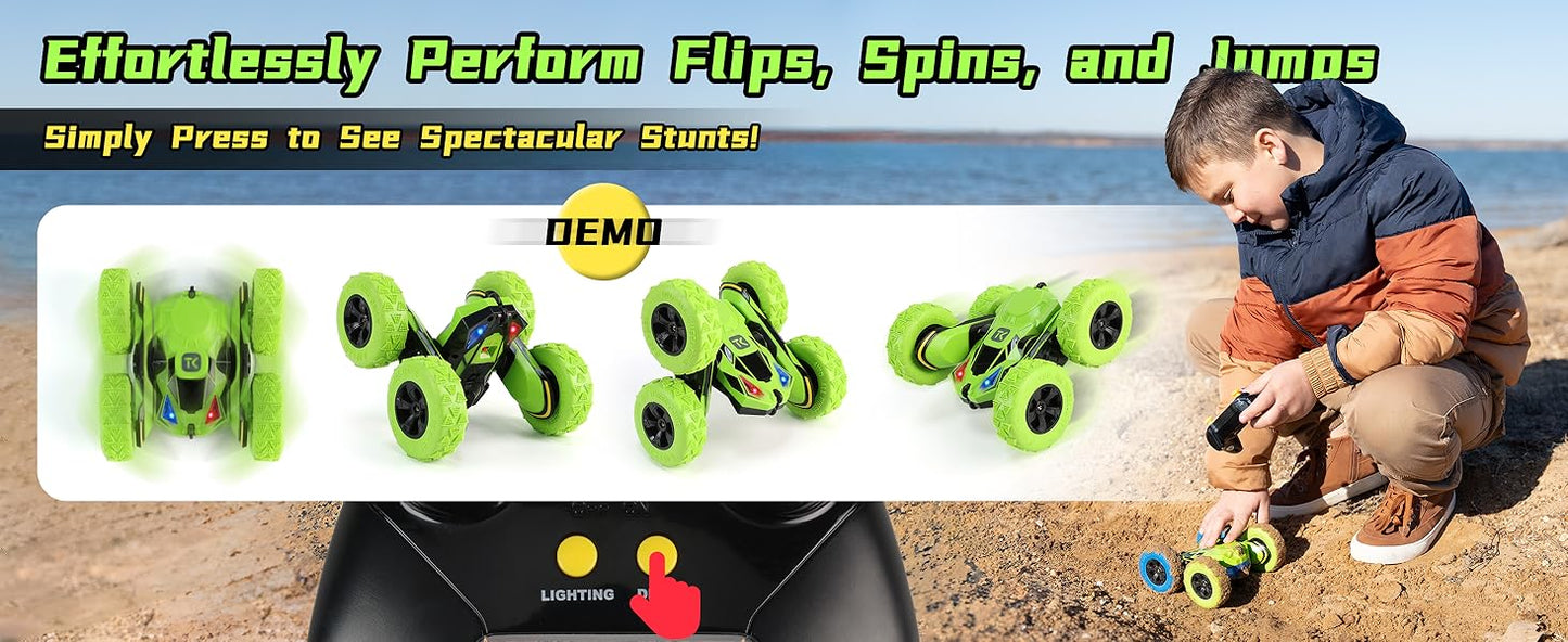 Threeking Remote Control Car RC Cars RC Stunt Car Toy with Lights Double-Sided Driving Indoor Outdoor Toys Gifts Presents for 6 7 8 9 10 11 12 Year Old Kids Boys Girls,Green