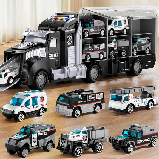 Police Trucks Toy Set with Play Mat, Carrier Truck Play Vehicles Set for 3 4 5 6 Years Old Boys Kids, Die-Cast Car Toy for Toddlers 3-4 Years, Birthday Gifts Toys for 3-9 Year Old Boys