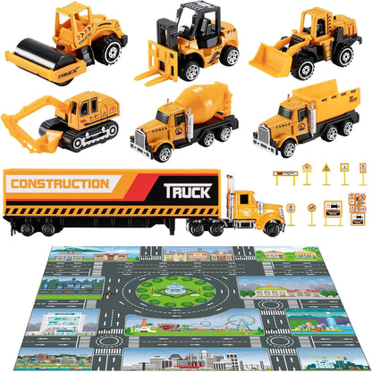 Toddler Toys for 3 4 5 6 Years Old Boys, Die-Cast Construction Toys Car Carrier Vehicle Toy Set W/Play Mat, Kids Toys Truck Alloy Metal Car Toys Set for Age 3-9 Toddlers Kids Boys & Girls