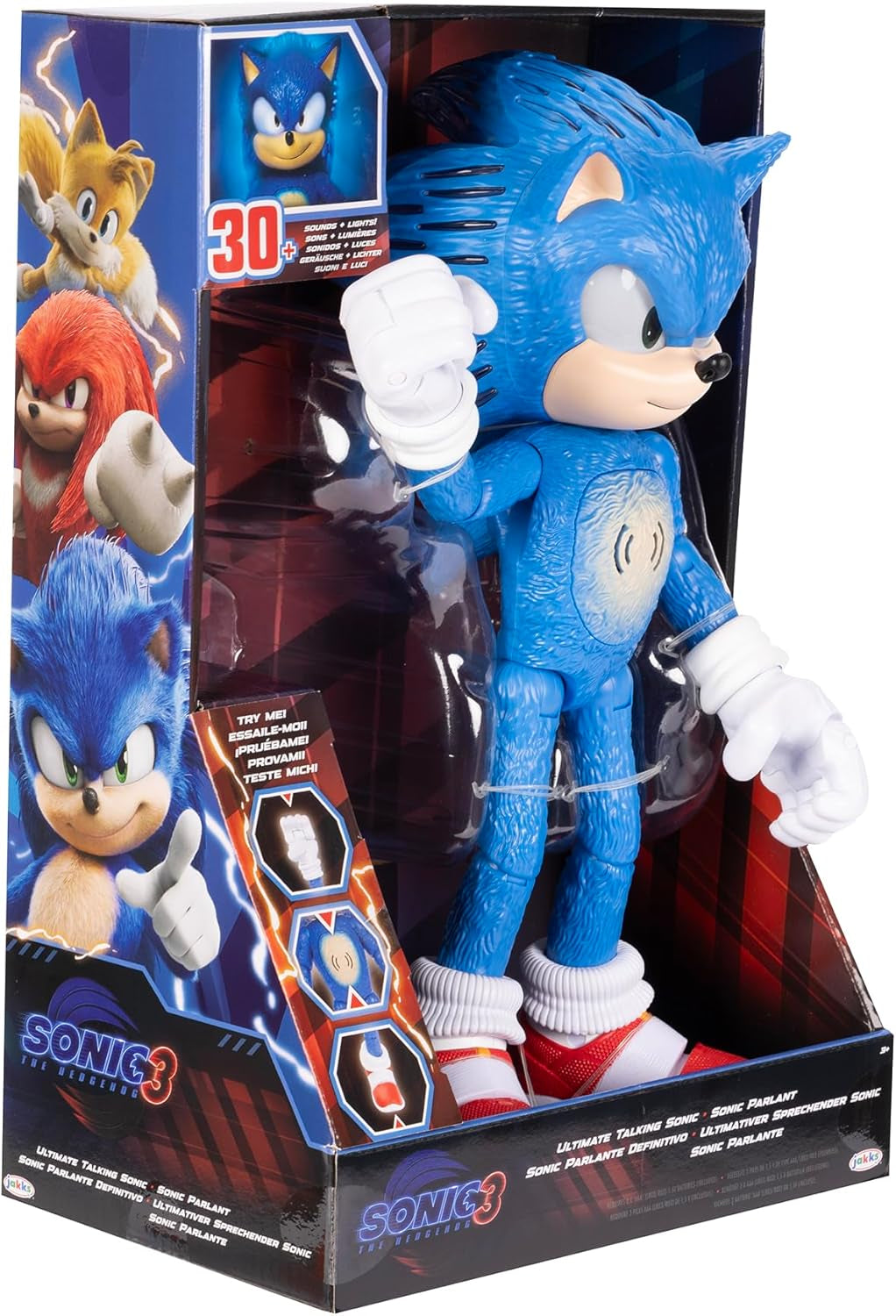 3 Ultimate Talking Sonic 12-Inch Figure, Features 30+ Iconic and Humorous Phrases and Sounds from the Movies, Light-Up Eyes and Quills