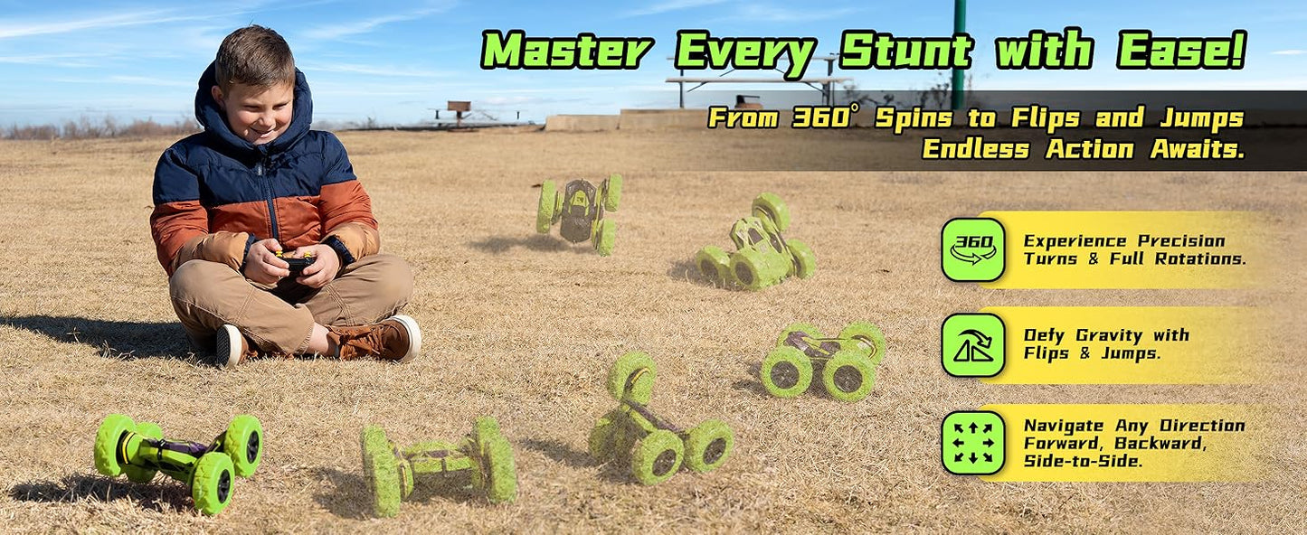 Threeking Remote Control Car RC Cars RC Stunt Car Toy with Lights Double-Sided Driving Indoor Outdoor Toys Gifts Presents for 6 7 8 9 10 11 12 Year Old Kids Boys Girls,Green