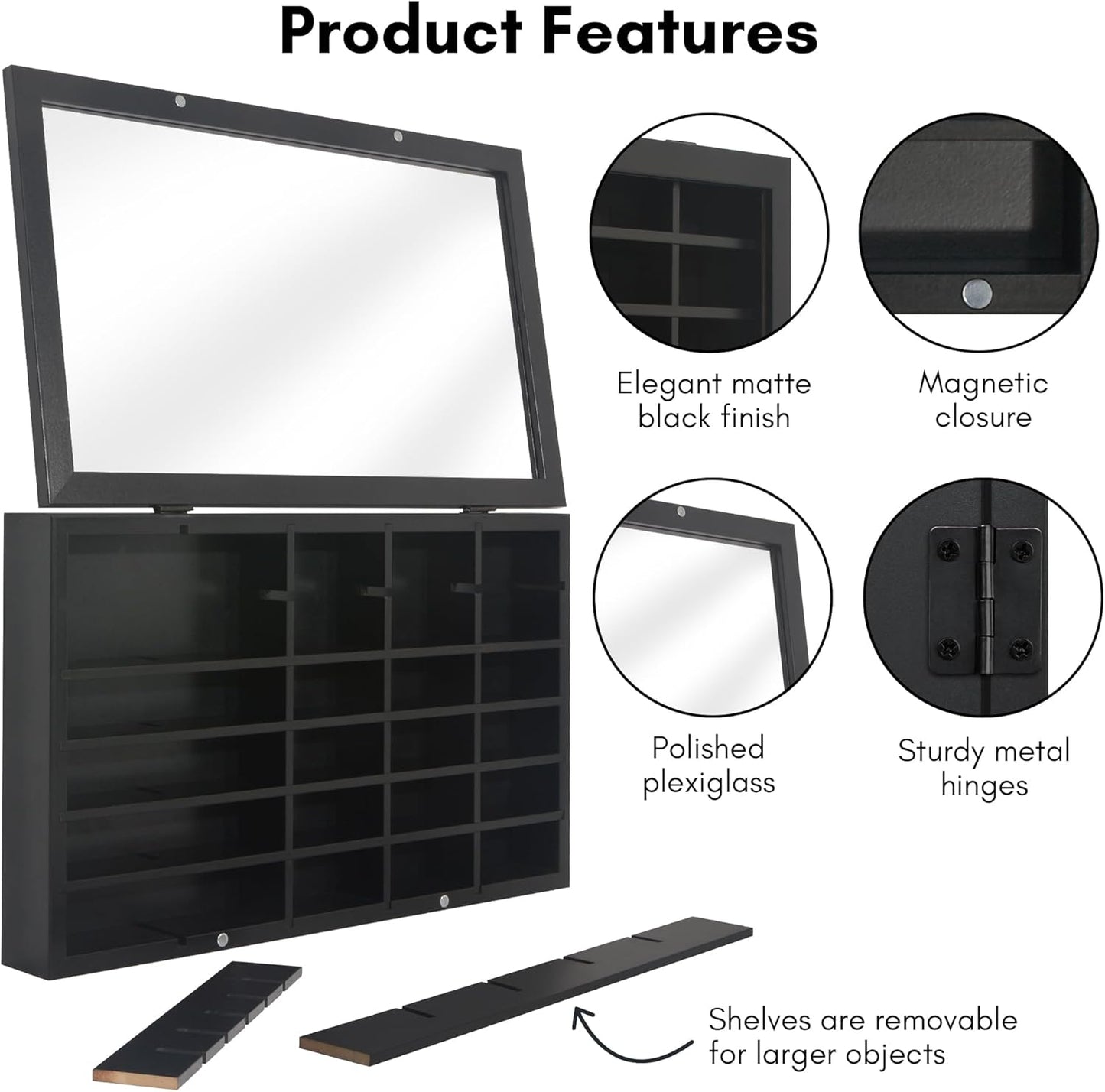 11X18 Toy Car Display Case - Holds up to 30 Cars - Model Car Displays with Removable Shelves and Shatter-Resistant Glass - Wall Mounted Display Cases for Collectibles - Black