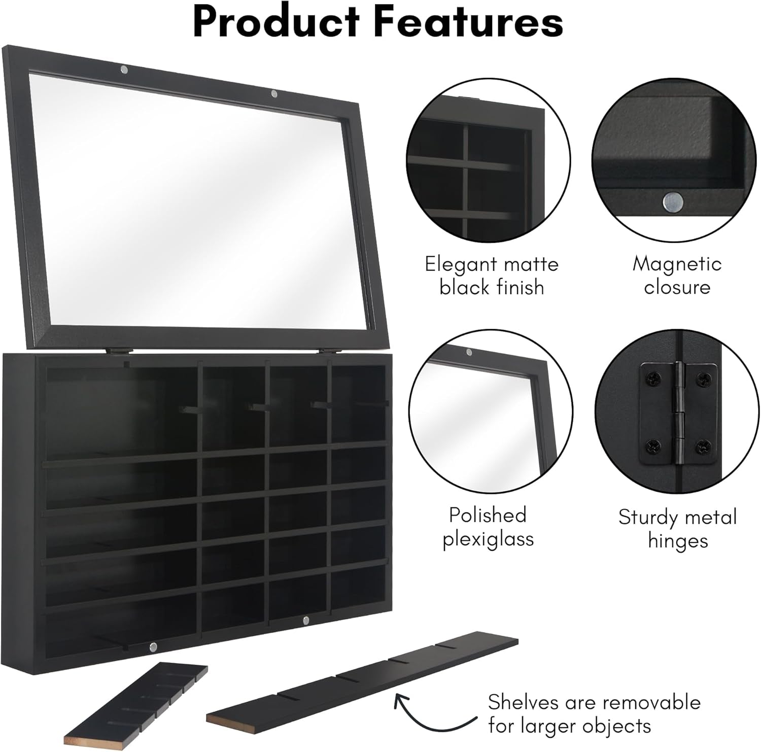 11X18 Toy Car Display Case - Holds up to 30 Cars - Model Car Displays with Removable Shelves and Shatter-Resistant Glass - Wall Mounted Display Cases for Collectibles - Black