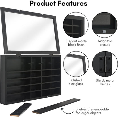 11X18 Toy Car Display Case - Holds up to 30 Cars - Model Car Displays with Removable Shelves and Shatter-Resistant Glass - Wall Mounted Display Cases for Collectibles - Black