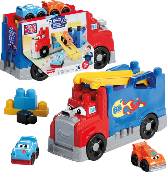 First Builders Toddler Building Blocks Toy Set, Build & Race Rig with 19 Pieces, 2 Race Cars and Storage, Red, Ages 1+ Years