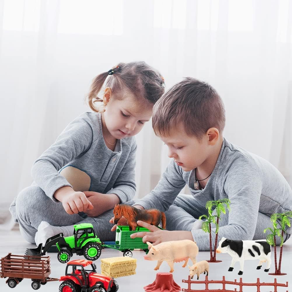 3 Pack Farm Toy Tractor with 40Pcs Plastic Animals Figurines and Fence Playset, Farm Figures Farmer Vehicle Toy Truck with Trailer for 3-12 Years Old Kids Boys Girls Toddlers