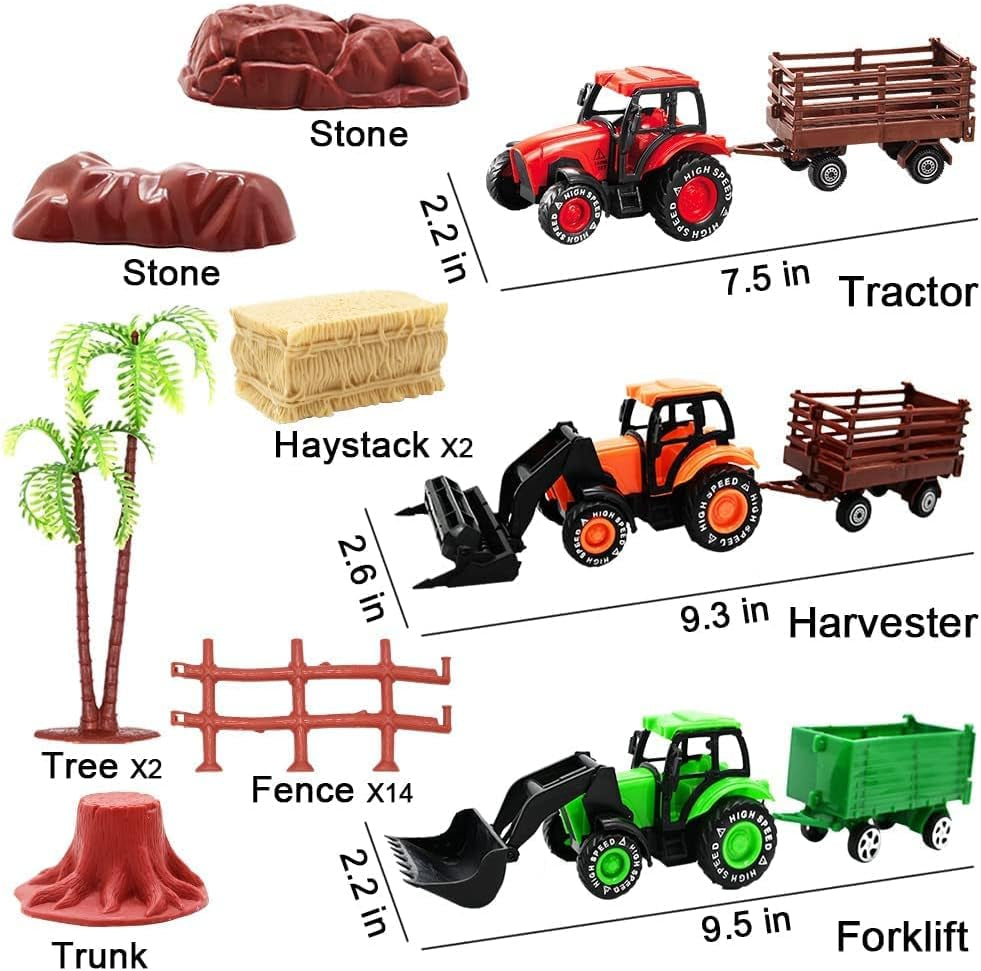 3 Pack Farm Toy Tractor with 40Pcs Plastic Animals Figurines and Fence Playset, Farm Figures Farmer Vehicle Toy Truck with Trailer for 3-12 Years Old Kids Boys Girls Toddlers