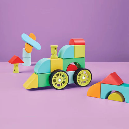 30-piece magnetic building blocks set for kids with shapes colors wheels and idea booklet