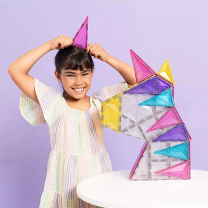 56-piece CONNETIX magnetic tile set with pink purple teal yellow and glitter building pieces