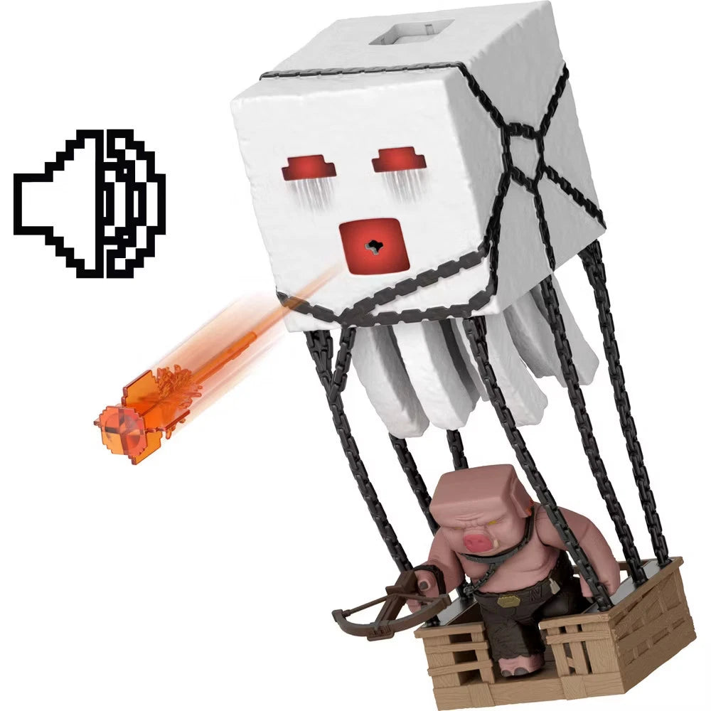 A Minecraft Movie Ghast toy with Piglin Warrior figure and blast attack
