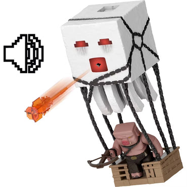 A Minecraft Movie Ghast toy with Piglin Warrior figure and blast attack