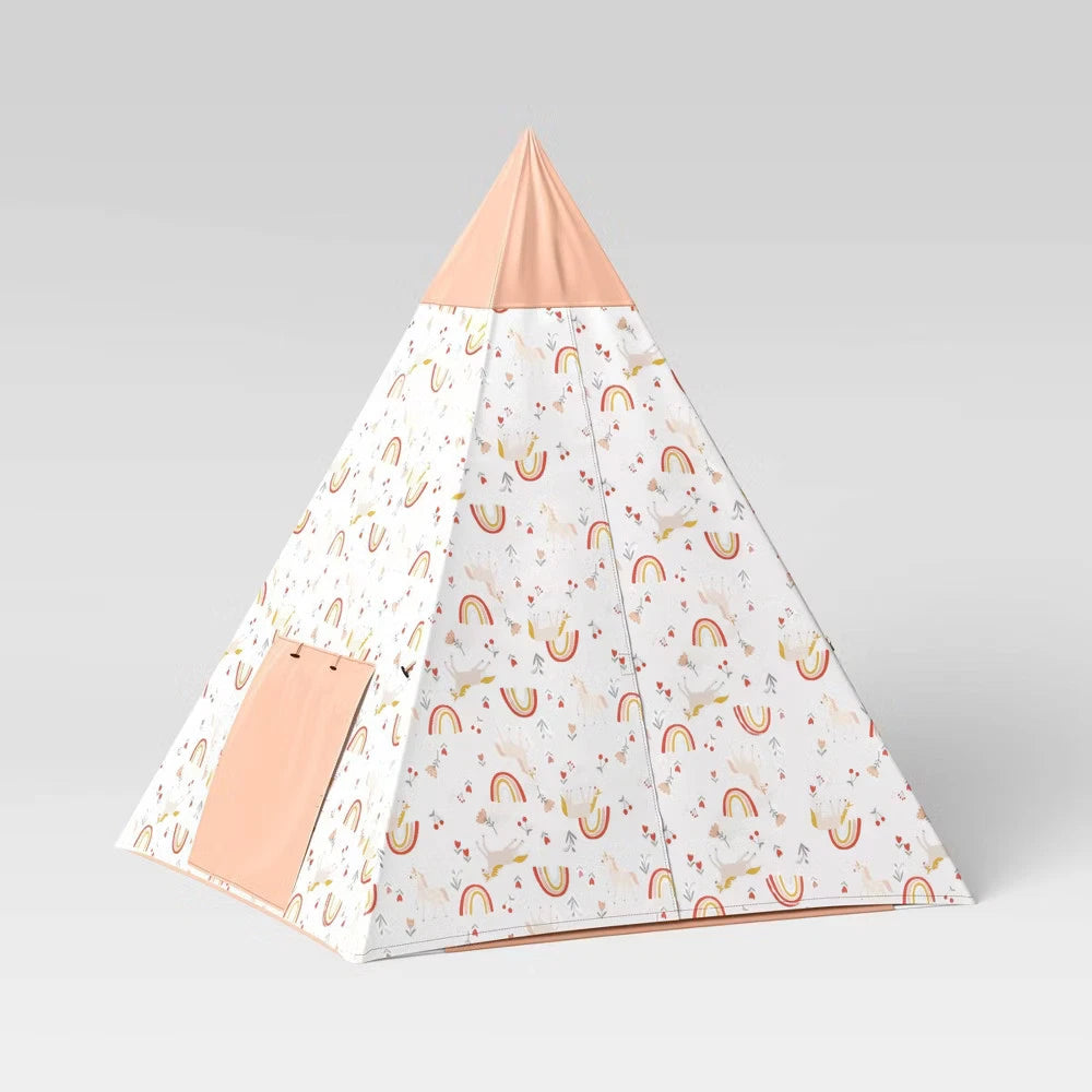 Unicorn kids play tent with soft fabric floor front entrance and side window