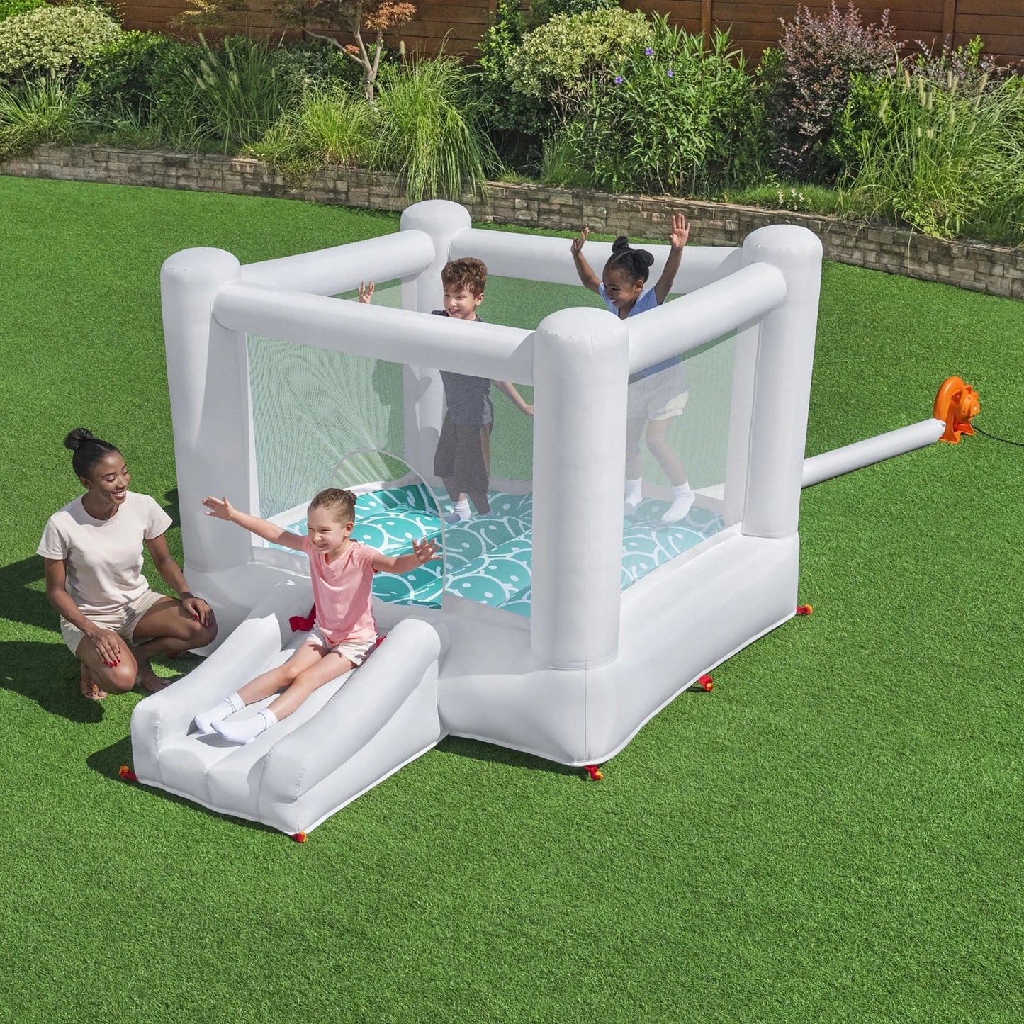 H2OGO Jump & Joy Kids Inflatable Bounce House with Extra-Wide Slide, White,