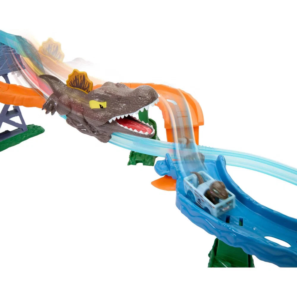 Jurassic World Hot Wheels Racer Verse Rebirth Crash and Splash Track Set – Dinosaur Racing Adventure