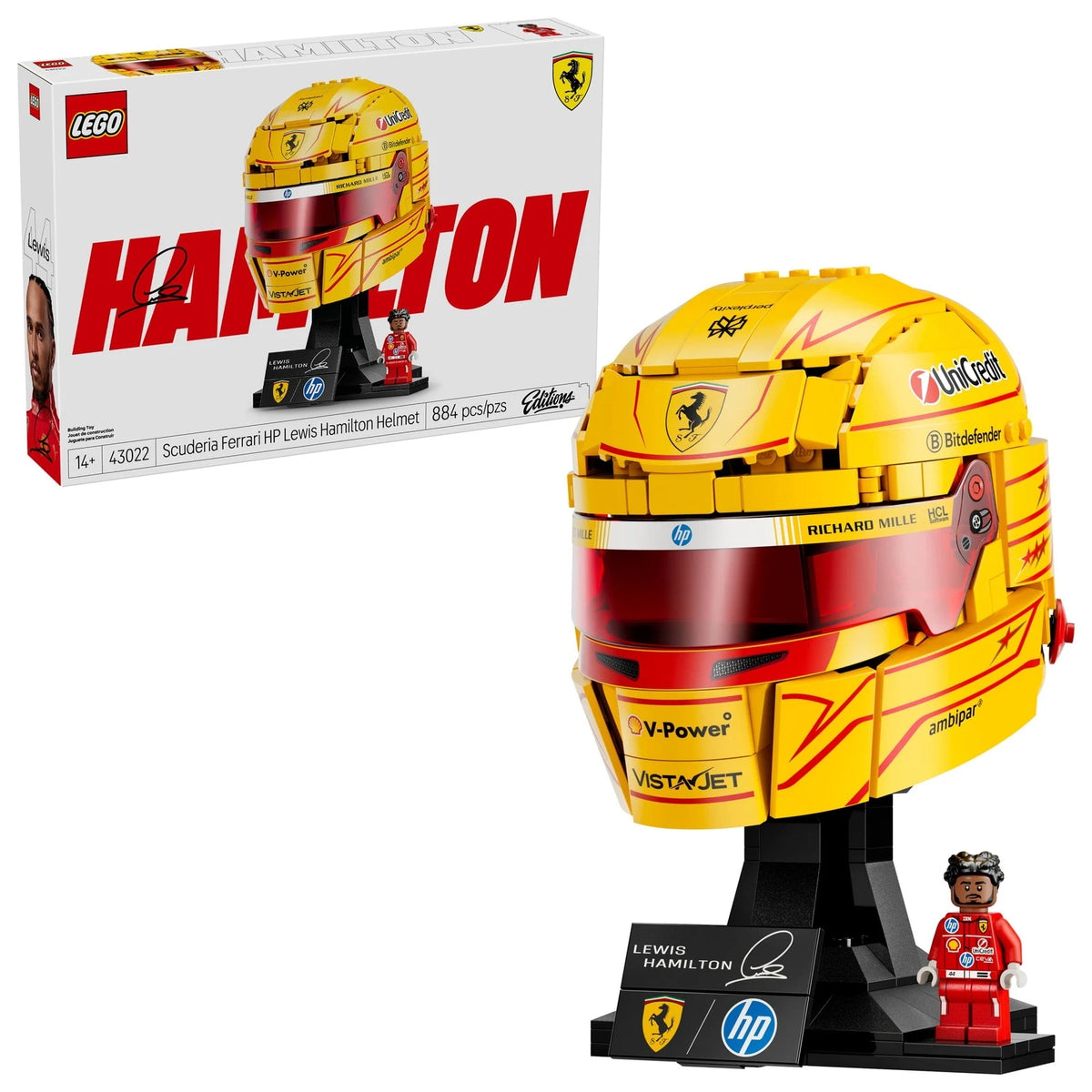 Lewis Hamilton LEGO Ferrari racing helmet with minifigure signature plaque and display stand