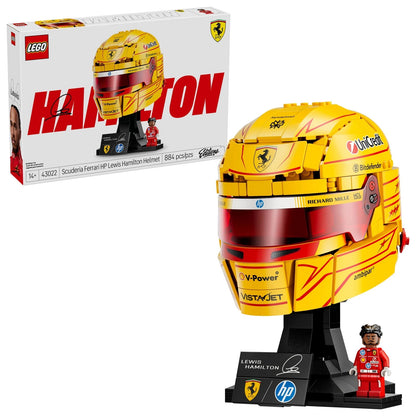 Lewis Hamilton LEGO Ferrari racing helmet with minifigure signature plaque and display stand