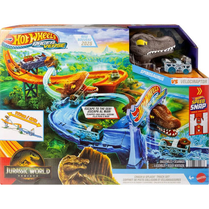Jurassic World Hot Wheels Racer Verse Rebirth Crash and Splash Track Set – Dinosaur Racing Adventure