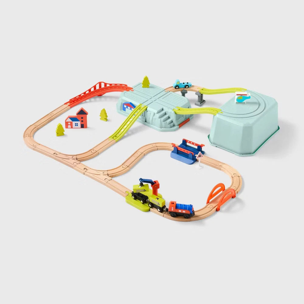 Gigglescape kids train set with railroad crossing gate bridge and accessories