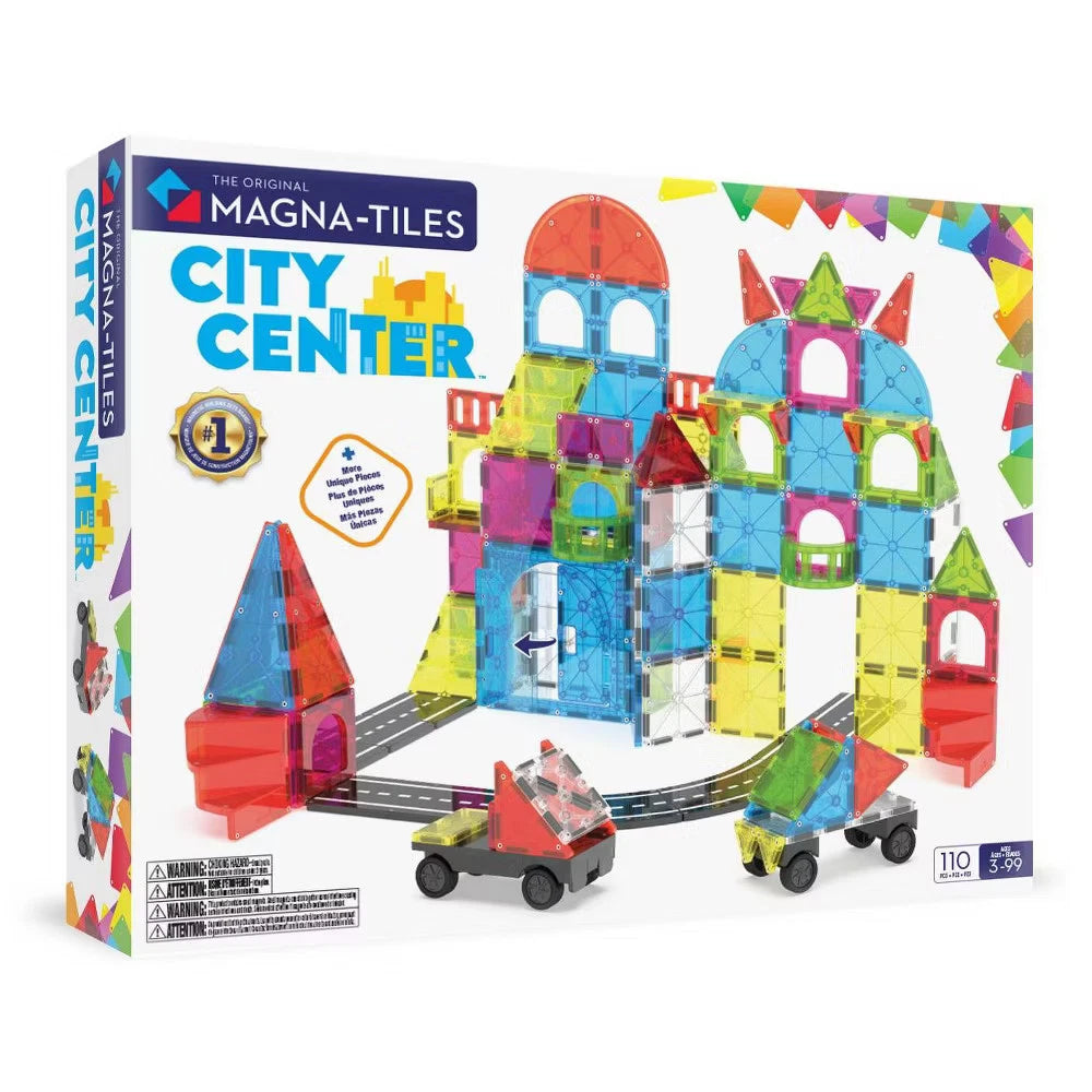 MAGNA-TILES City Center magnetic tiles with roads stairs and vehicle pieces