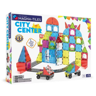 MAGNA-TILES City Center magnetic tiles with roads stairs and vehicle pieces