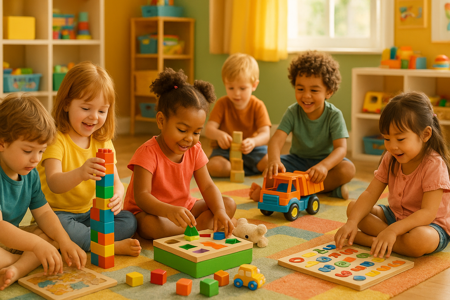 Some 3-5 years old boys and girls are playing with toys and learning through playing